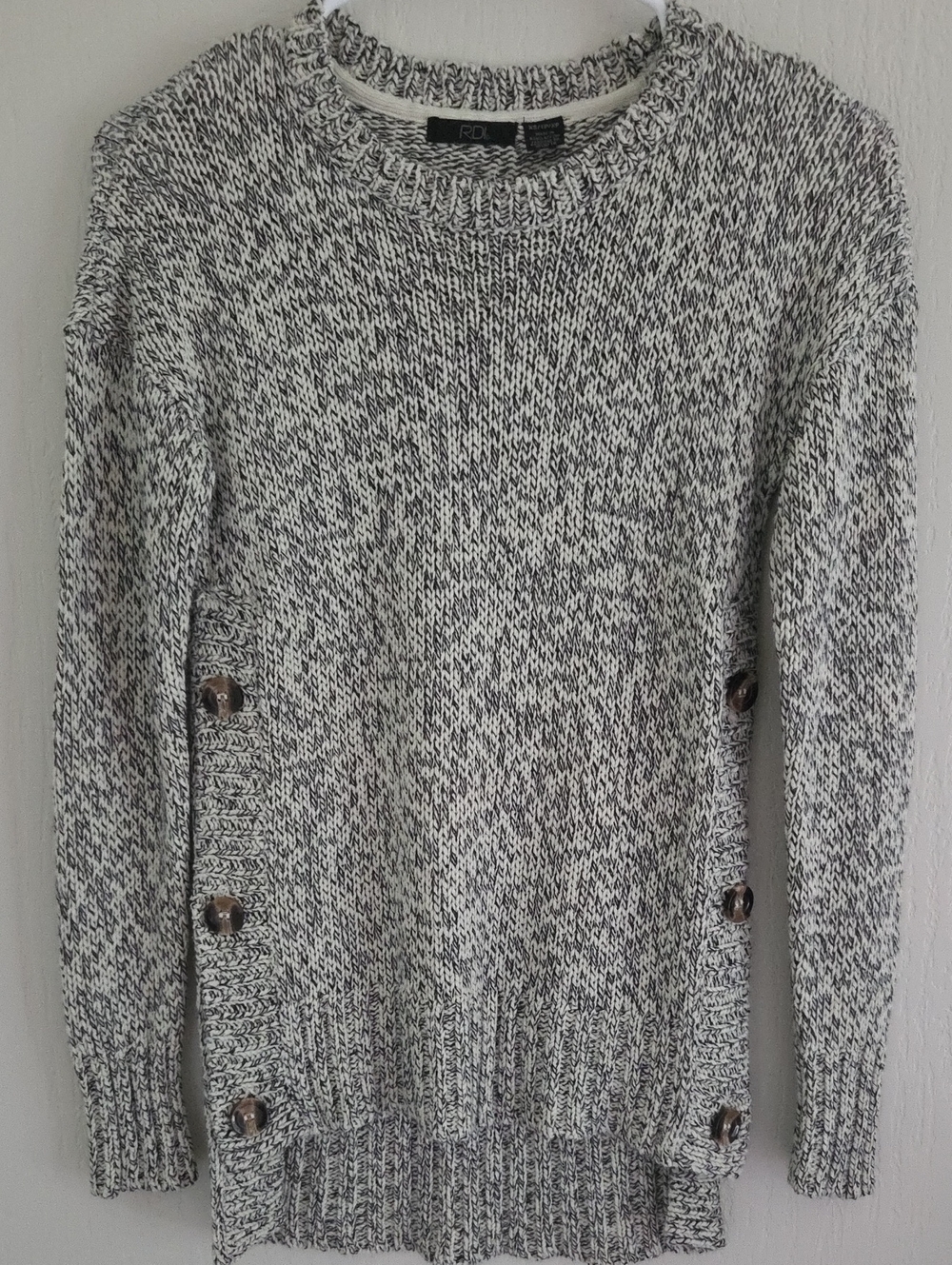 RDI Marled Black & White Crewneck Sweater with Side Buttons